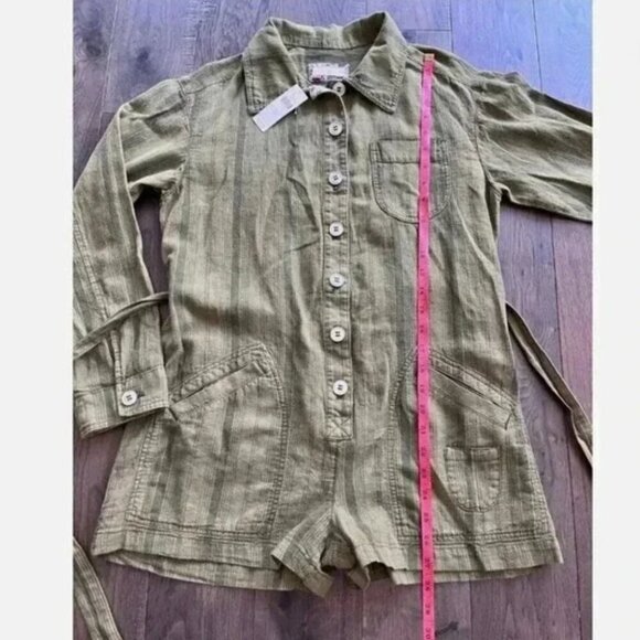 Pilcro Linen Belted Romper Jumpsuit Moss Green Stripe Size XXS NWT Anthropologie - Picture 7 of 7